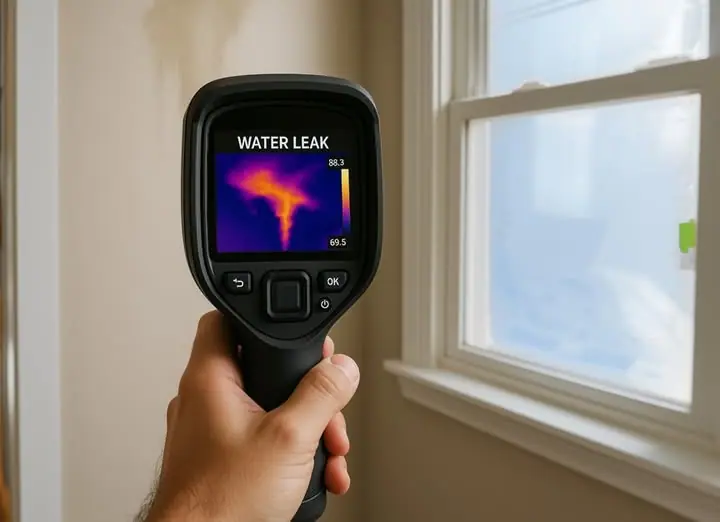 Thermal imaging camera detecting a hidden water leak behind a wall
