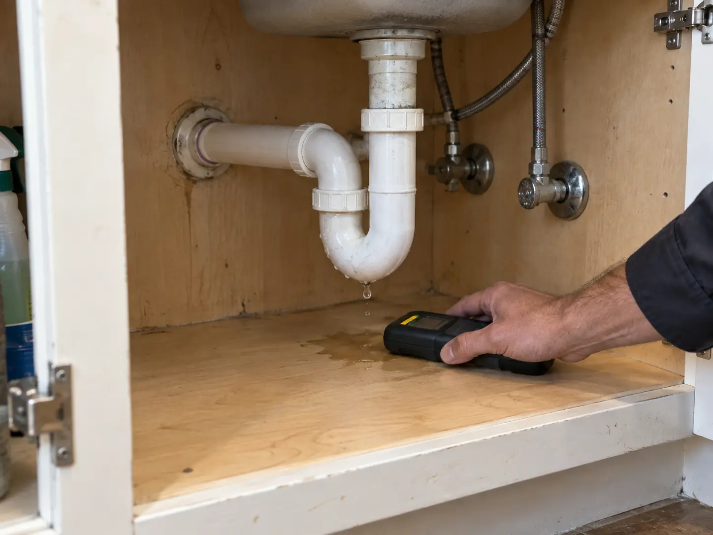 Under-sink drain leak inspection in an Escondido home