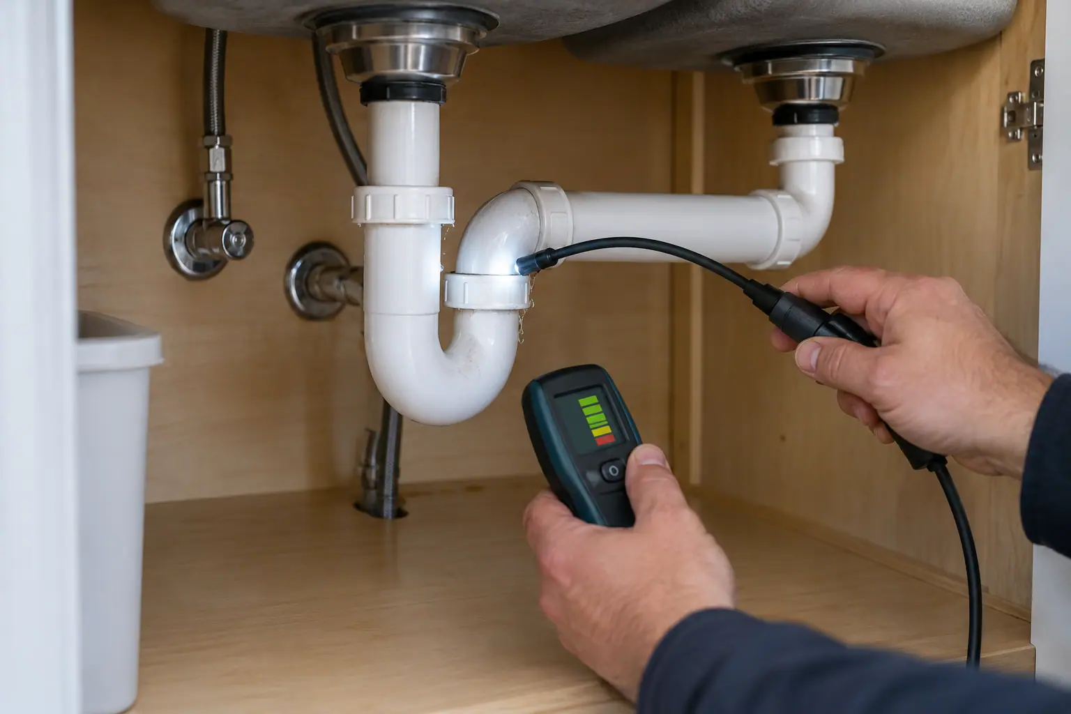 Drainpipes beneath a kitchen sink inspected for a minor leak using professional detection equipment