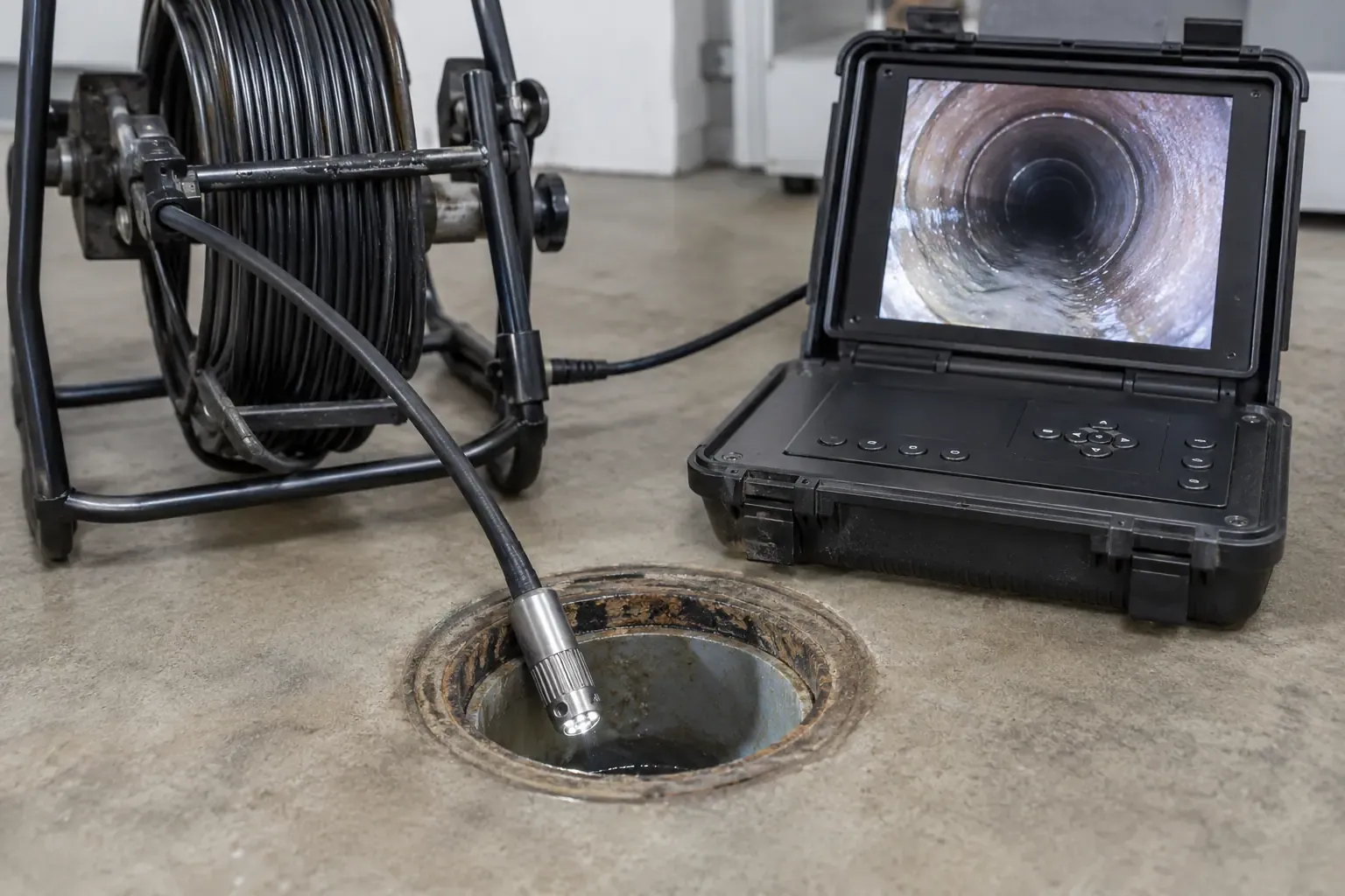 Plumbing inspection camera entering a pipe with the pipe interior displayed on a monitor