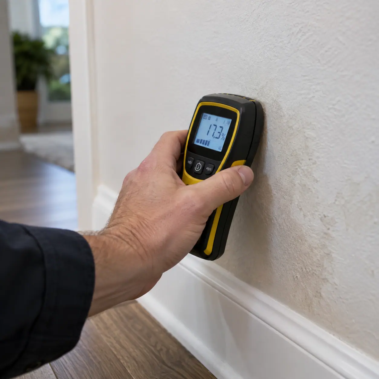 Pinless moisture meter testing a damp interior wall near a baseboard