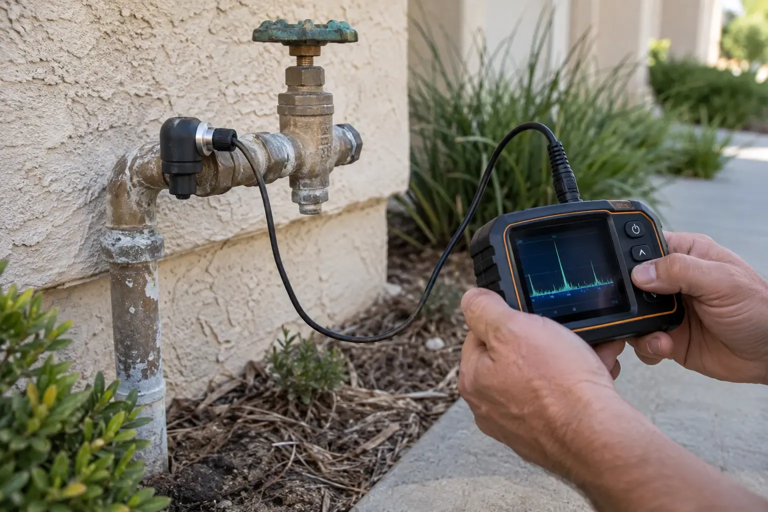 Technician using acoustic equipment to inspect a residential water-line leak in Escondido, California