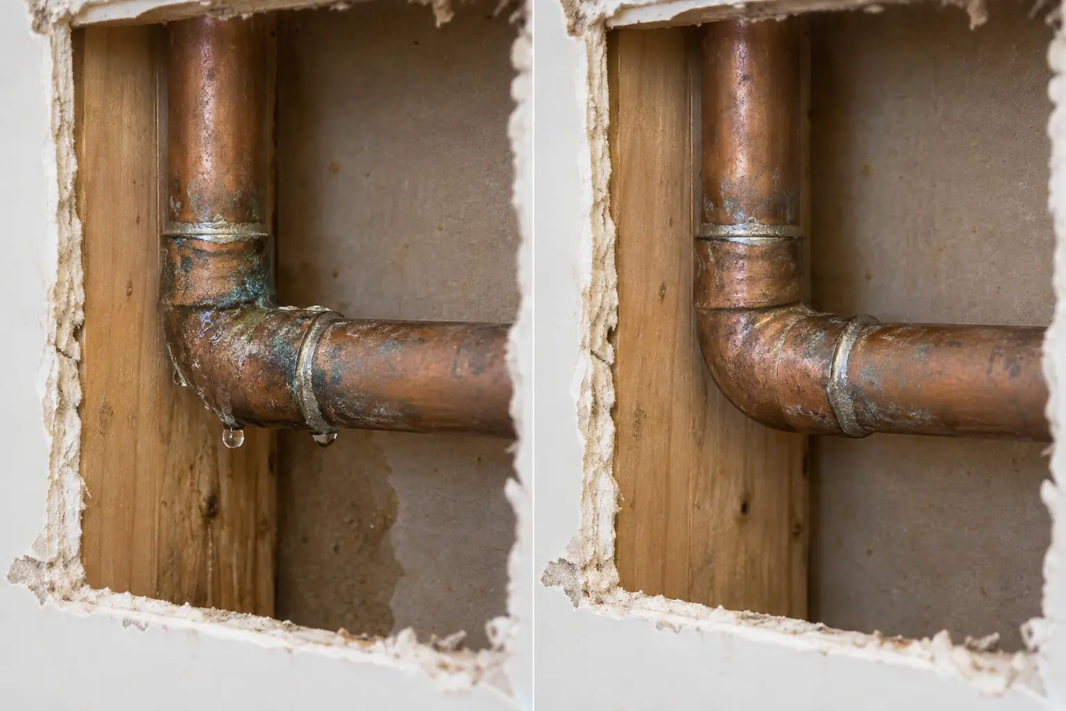 Before-and-after comparison of a leaking copper pipe joint and the completed repair