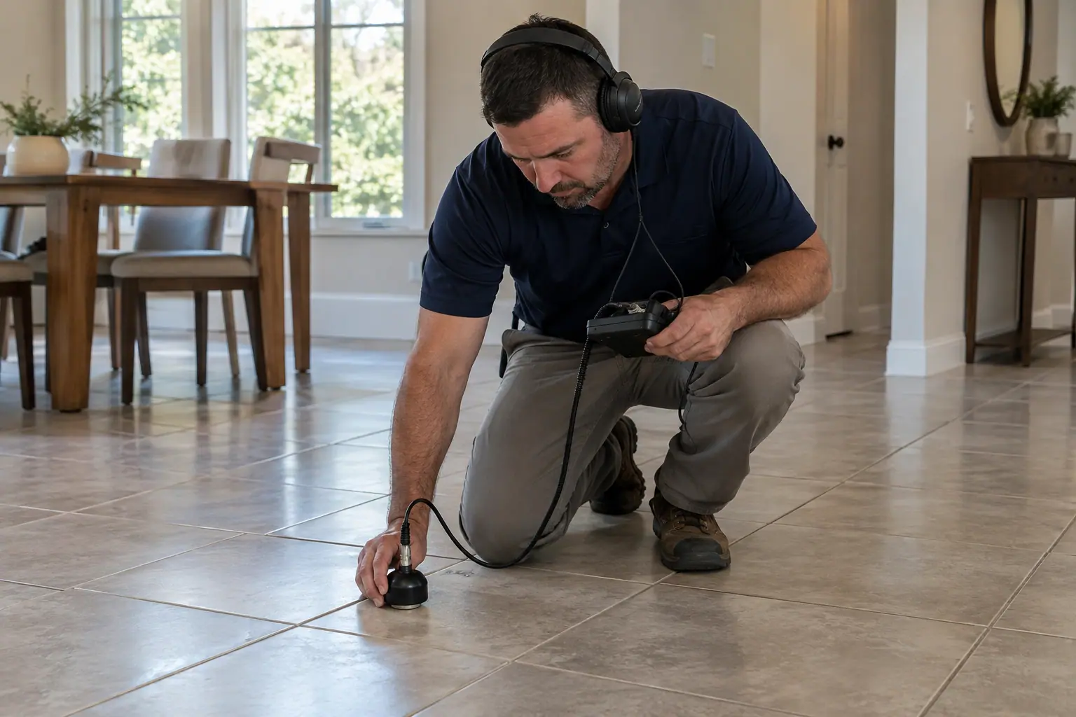 Technician using acoustic equipment to detect a hidden leak beneath a tiled floor