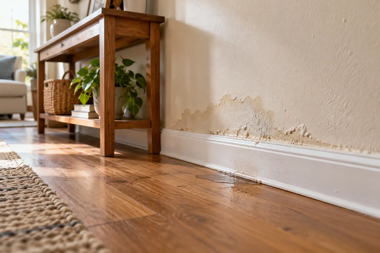 Water stain and bubbling paint above a baseboard, with a damp patch on the wooden floor.